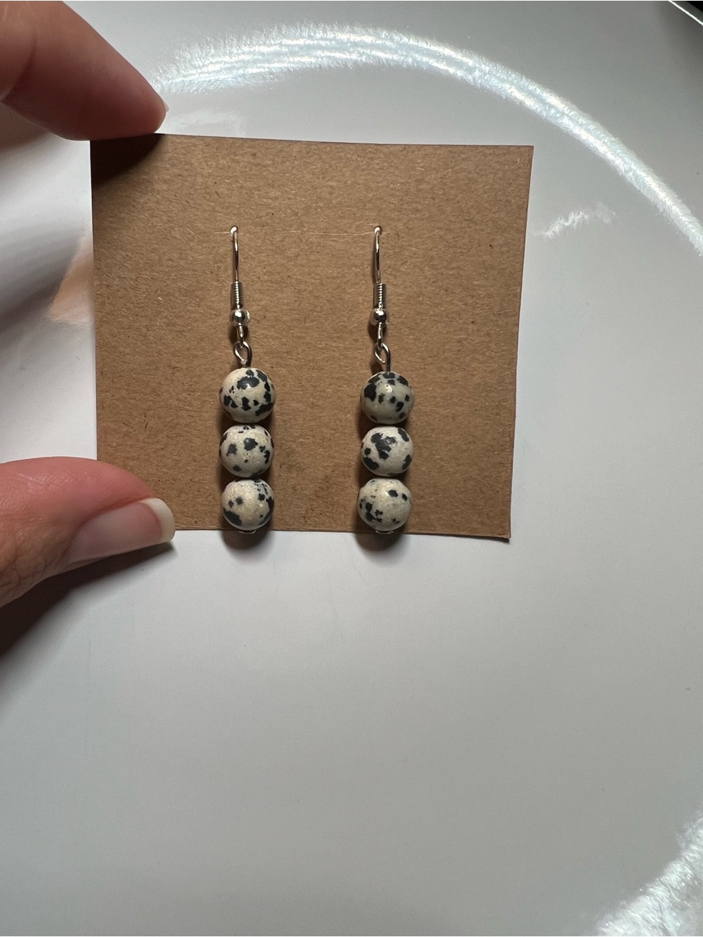 Speckled Dalmatian Jasper Bead Drop Earrings - Black & Cream